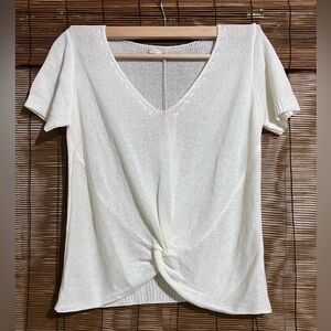 Hem & Thread Cream V-Neck Knot Front Short Sleeve Top